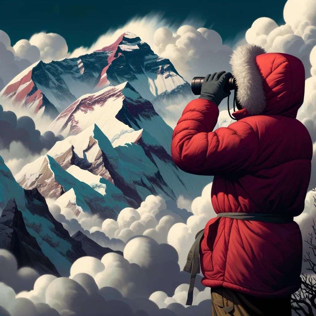 someone gazing at Mount Everest, digital art created in Procreate